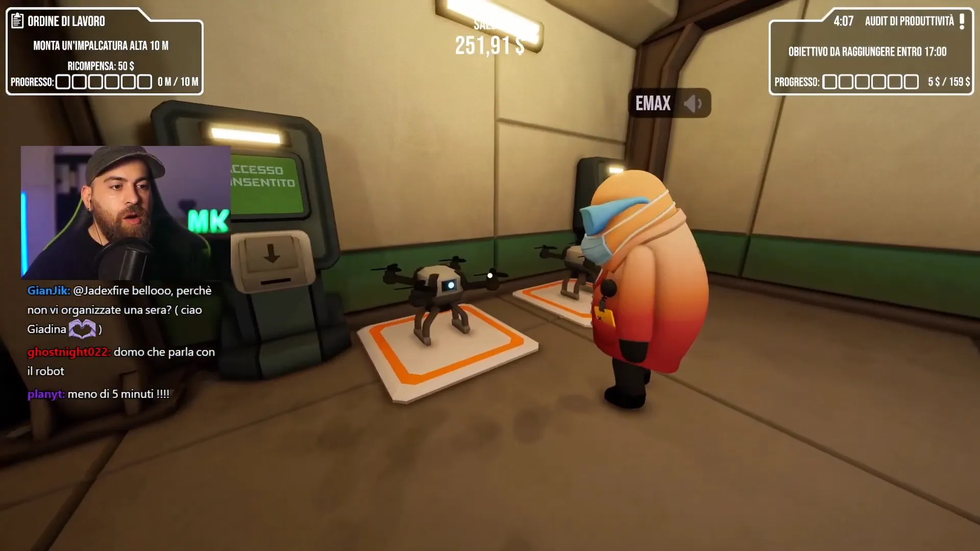Quadcopter drones on orange-bordered platforms beside a player and an access terminal